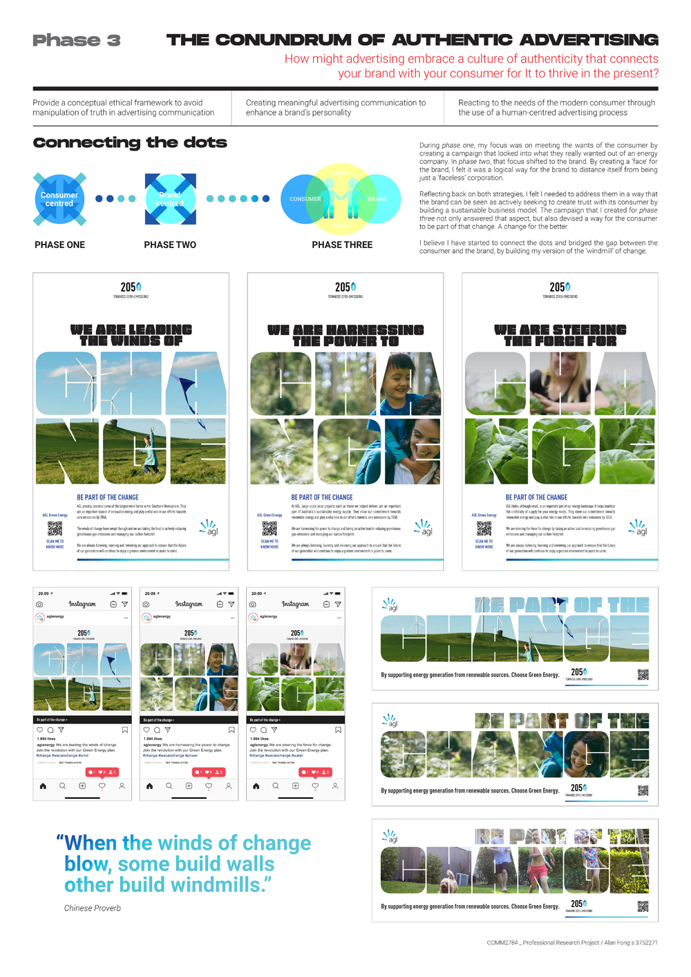 For the final phase, I found myself connecting the previous two phases. This helped me to develop an ad campaign that balance the ideas of ethics and creativity. This ad campaign would address the needs of the consumer to be involved in the brand's effort to affect a positive change to the environment. As a result, it enabled me to answer my research question that it was possible for a brand to communicate authenticity and yet thrive.