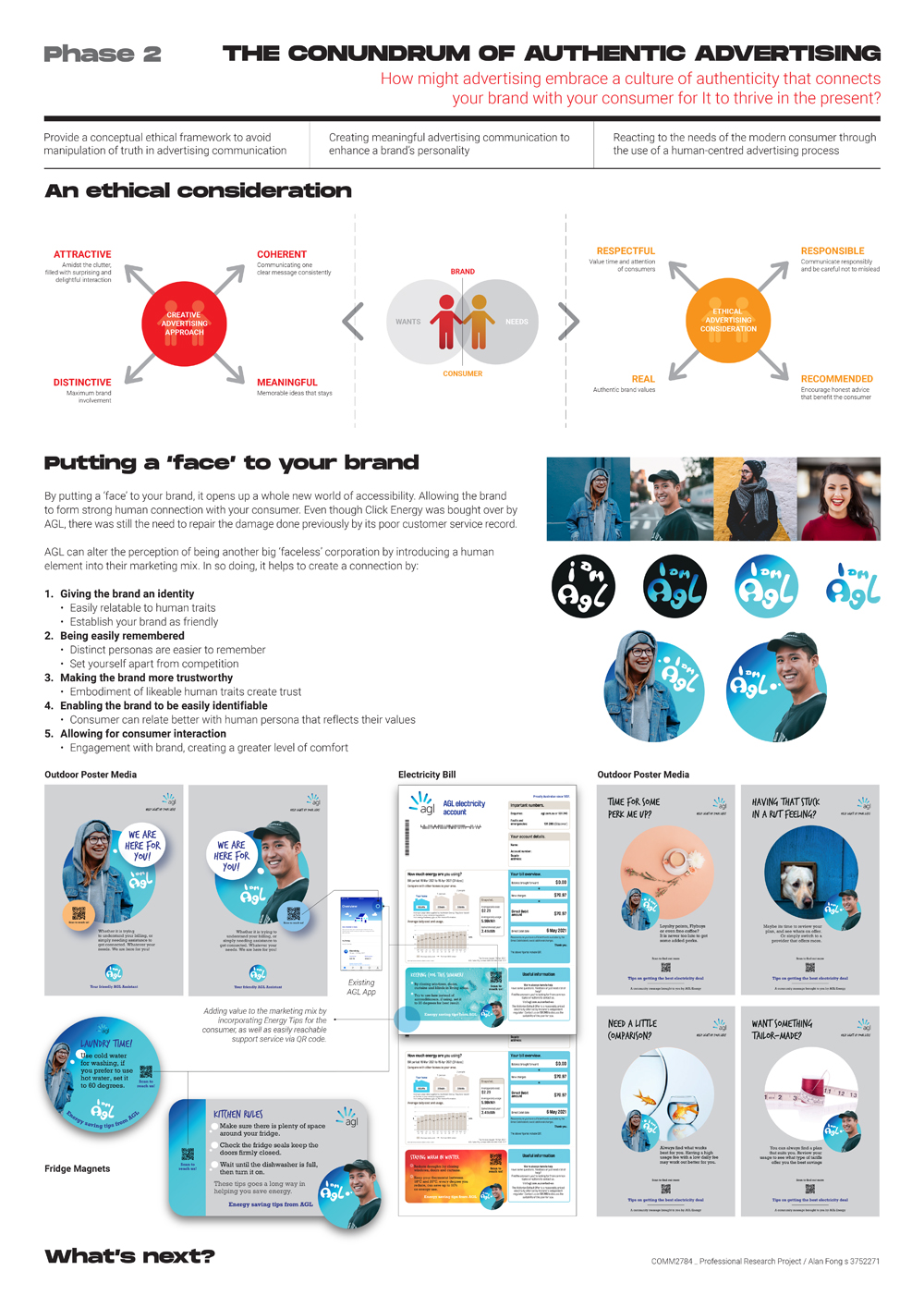In phase 2, I will be showcasing the ethics framework I developed through literature. As part of my research action cycle of my research, I was working on putting a 'face' to my brand, AGL Energy to help combat its poor customer support image. This was on assumption that it will help convey the brand as being more trustworthy.