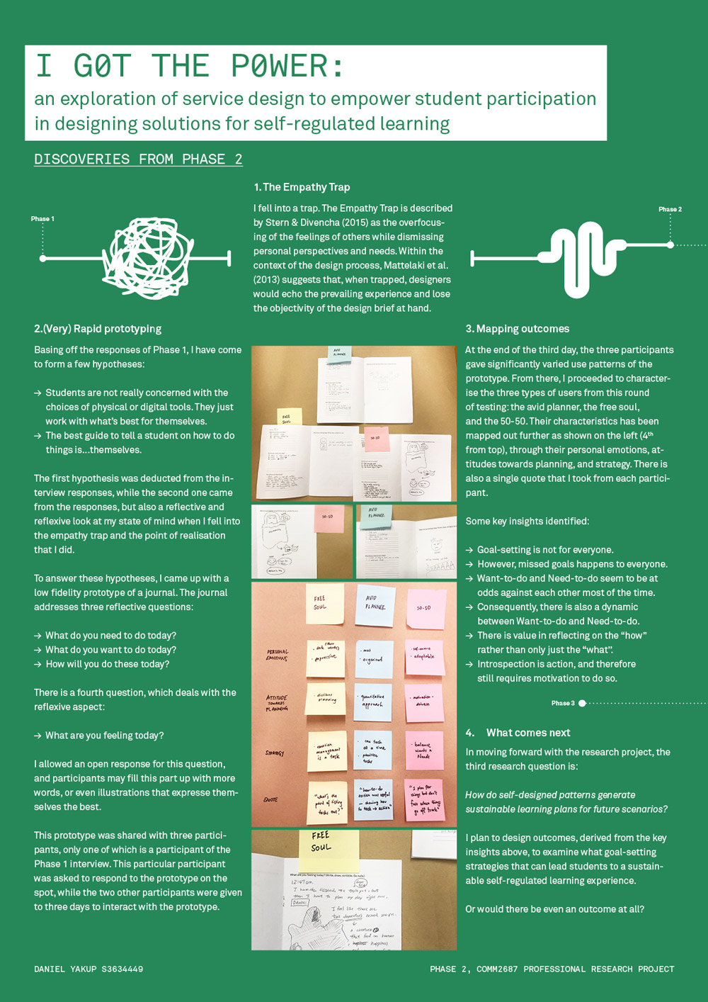 For Phase 2, the research project found myself encountering the empathy trap within the design process. To get unstuck, I had to step back and review the research project with an objective point of view. A rapid prototype was produced based on insights obtained from Phase 1, and few rounds of user testing were conducted to obtain responses that informed the development of the artefact in Phase 3.