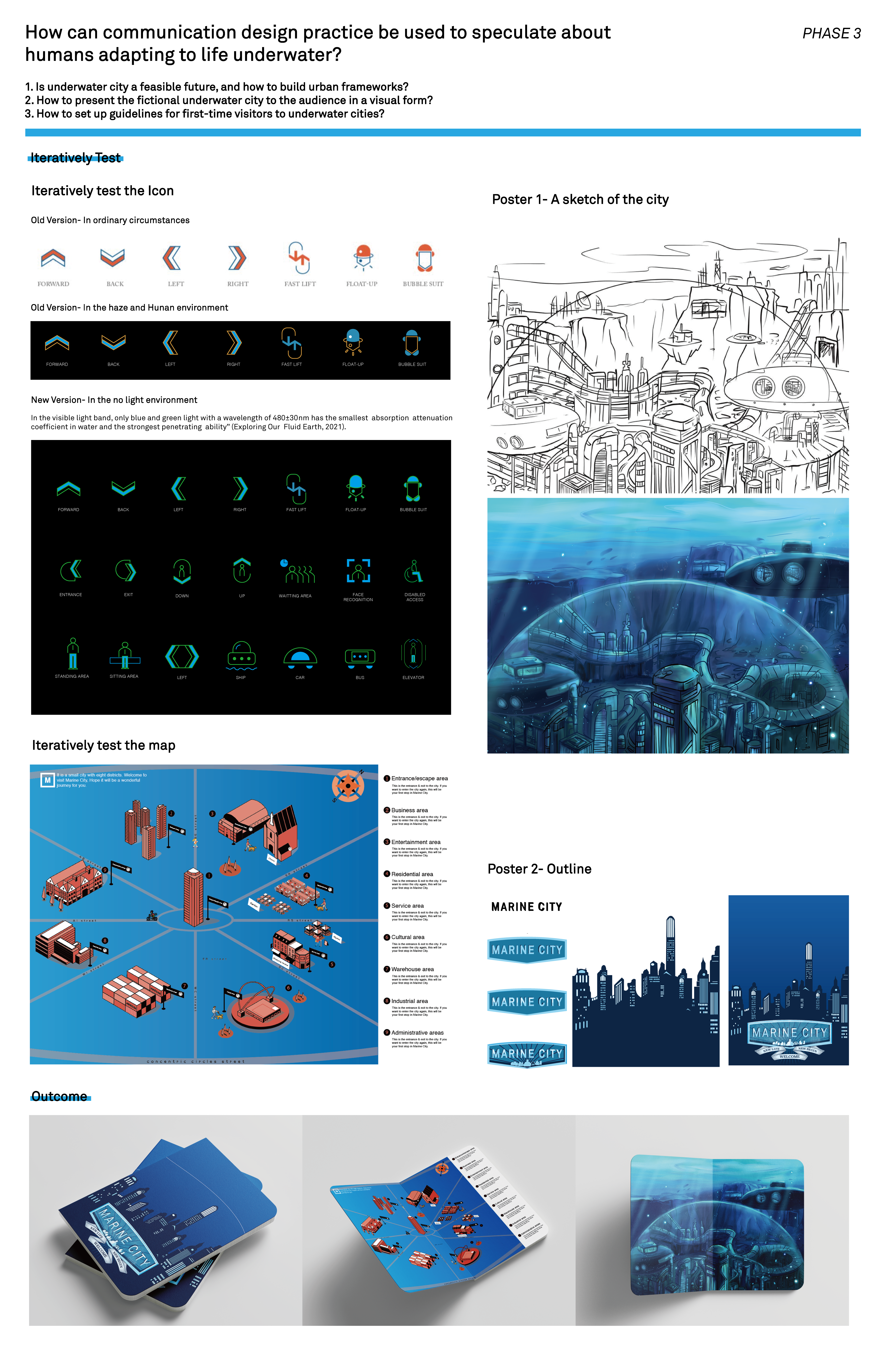 1. Iterative test of Marine City Sign; 2. Booklet design for Marine City; 3. Marine City poster design