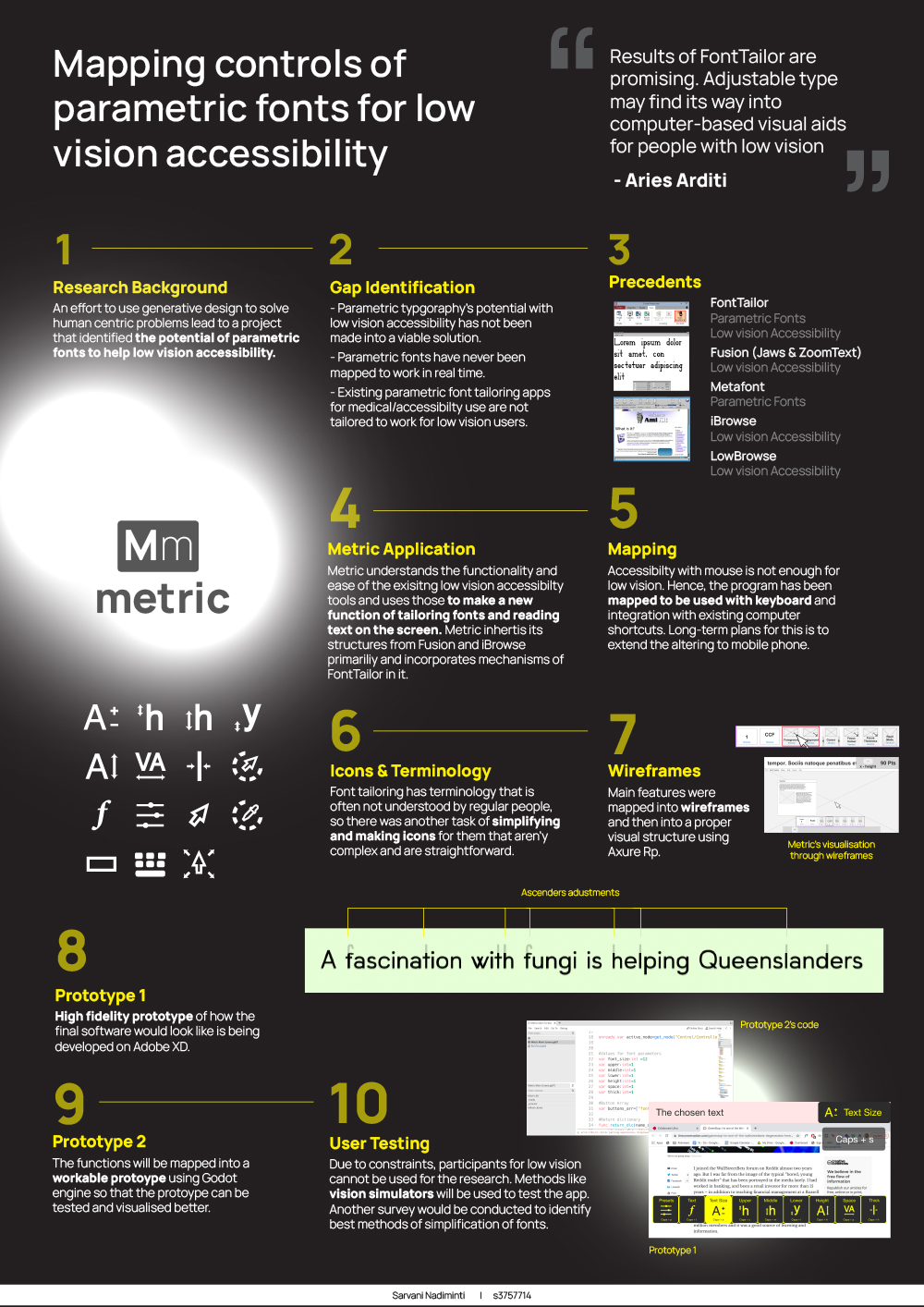 The first phase involved research to answer further questions to understand the functionality of existing accessibility tools that enhance vision like colour treatments, cross functionality with other application and seamless integration of input methods.

Analysis was also done to simplify complex typographic terms and make them simpler for the chosen audience, and wireframes and sketches were made after defining a few possible user flows. The scope and possible features of the software were also broadened in this phase, branding it to give the name "Metric" and comparative study of features of existing accessibility software done.
