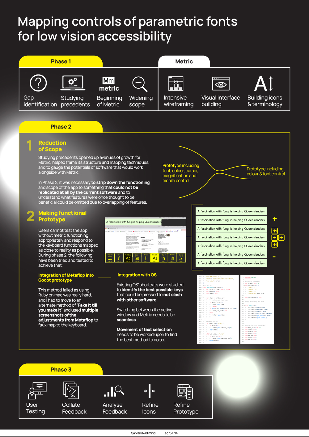 The primary focus of this phase is to reduce the scope of the project and strip down the features of Metric to a select list of functions that make it unique and true to its purpose.These include adjusting intricate font parameters, and repurposing that for accessibility usage on any operating system. Functions like screen reading, magnification and changing of cursors were removed, as they could be provided by other existing software used with Metric simultaneously.

The wireframes were realised into two high-definition prototypes, the first one dealing with parameters like colours and icons for various functions that control overall look-and-feel of the software and the second one utilised code and a gaming engine, Godot, to cater to the functionality, while adapting the look of the first prototype. This was a cyclic process of planning, implementing in the prototype and reflecting.
