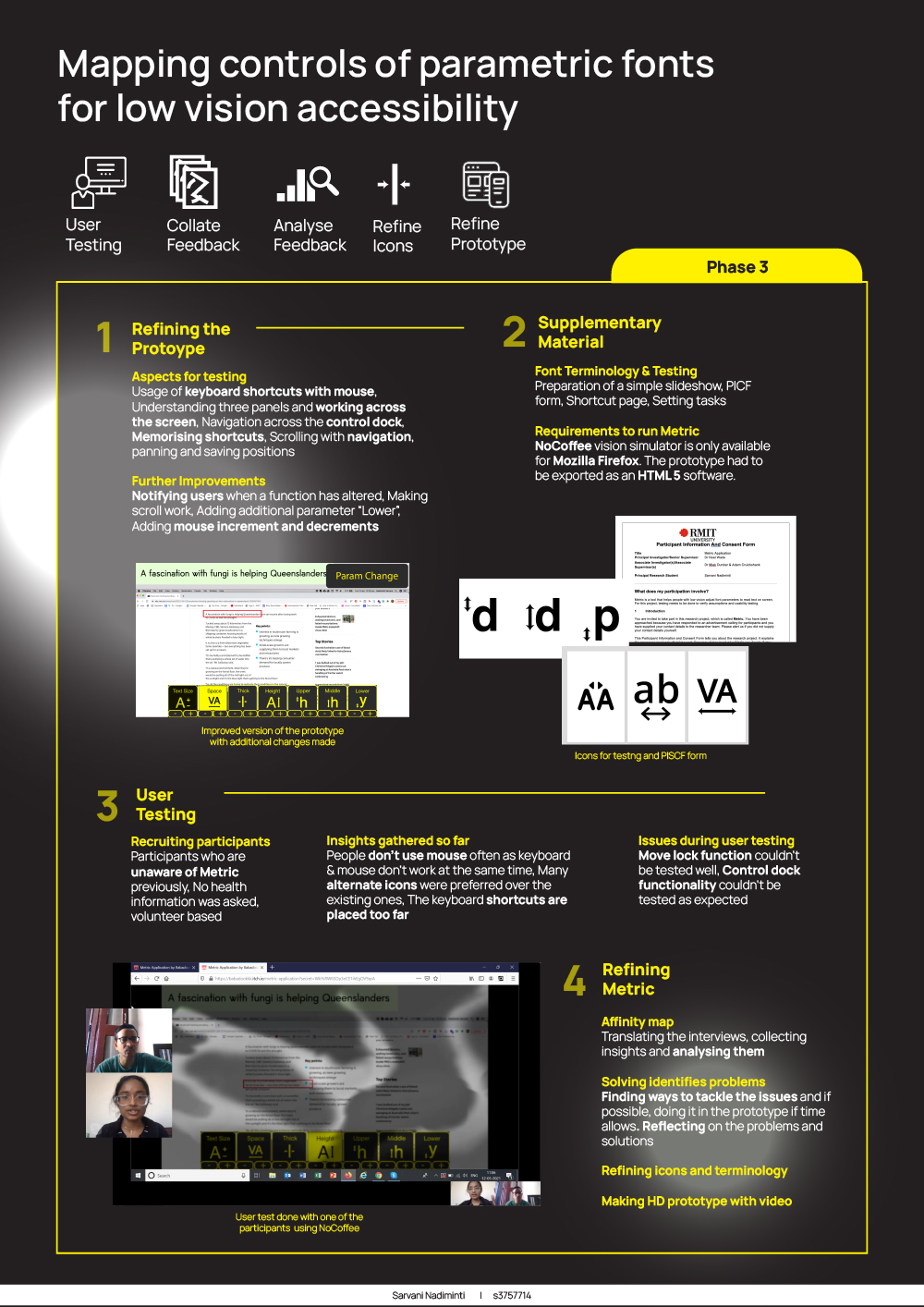 Metric was designed making heavy assumptions and to clear these assumptions, various research methods were implemented in this phase. The methods include participant recruitment, conducting interviews for contextual enquiry and feedback to evaluate the design, searching alternative methods to conduct user testing using vision simulators, creating supplementary materials to make the testing process simpler, and gathering insights through affinity mapping.

The insights gathered from the mapping were then used to improve iconography and video prototype. The ones that couldn&rsquo;t be implemented are pointers to begin another cycle of action research which is out of scope of this project due to time constrains. The resulting artefacts and final proposed service, along with a presentation, exegesis, and these three posters comprise the total contribution to knowledge.