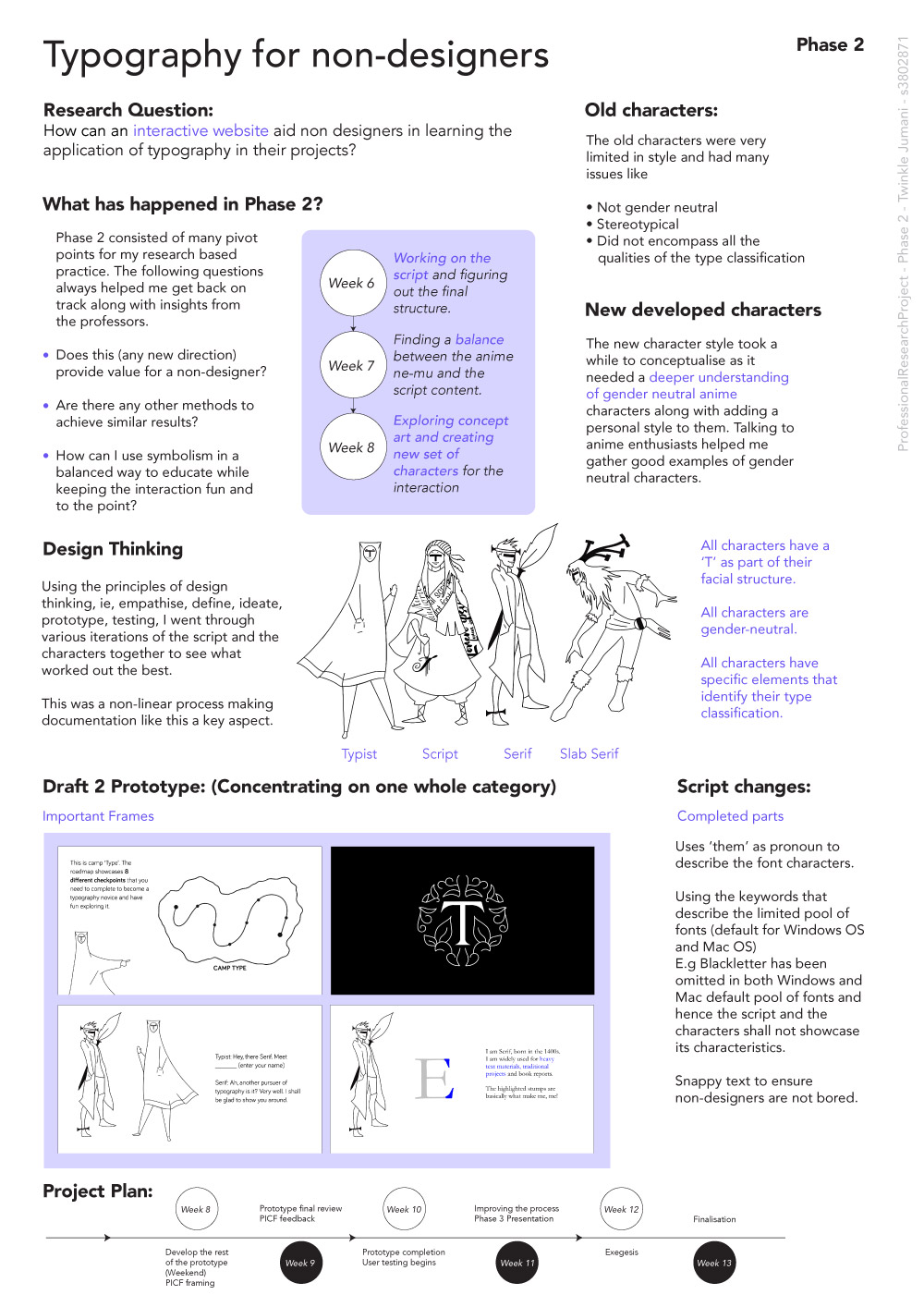 Phase 2 concentrated on creating a symbolic anchor for the typography terms for non-designers by using gamification elements like a story, journey, progress, adventure. This led to a deep dive into character design and development, which was inspired by anime.  The design of the characters was matched to the topics selected for teaching non-designers the basics of typography and spark an interest in the subject. Reflecting on this phase, creating gender-neutral characters was essential to justify typography elements.