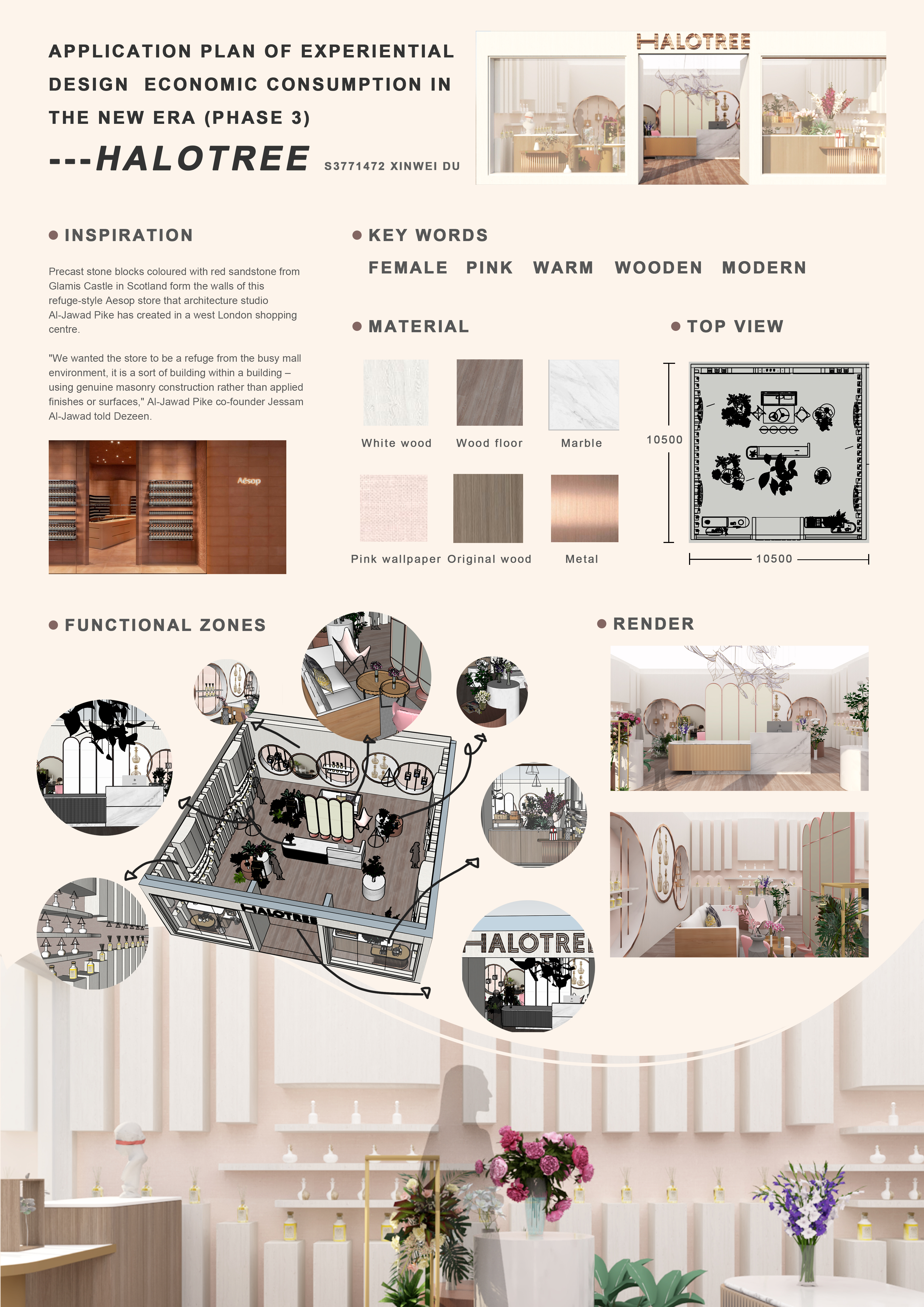 Chapter 3: Design and Application

The key words for the new halotree are: pastel, warm, wood, modern, comfortable, the original very crowded display felt like a discount shop, this time I wanted to transform it into an exhibition like shop. A place's emotional response can be measured on two dimensions: the degree of stimulation or excitement and the contrast between pleasure and unpleasantness. I wanted to treat each item as a work of art, to make the shop a sanctuary from the busy mall environment, where merchandising and art displays have some commonality and each object has a reason for being placed in any corner of the space. And when retail logic adds a touch of art curatorial thinking to the original, it is as if an additional layer is added: how to make shopping feel like a journey through a cultural exhibition.