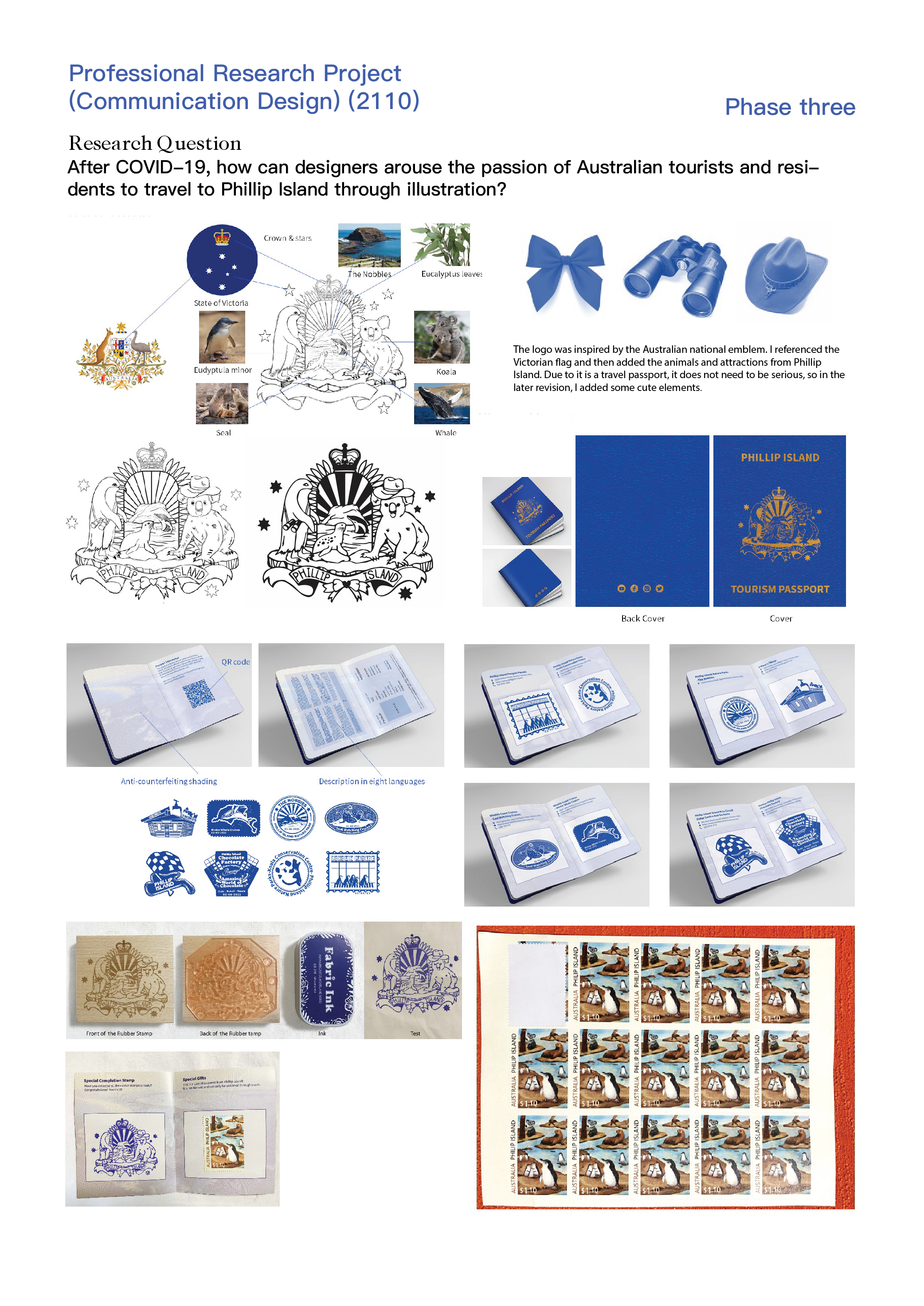 My plan changed from three countries in the world to nine attractions in Victoria, and finally reduced to eight attractions in Phillip Island. I have been the development and refinement of the passport book strategy, as well as the design of the book and the illustrations to make it appeal to visitors, and also, make something that people will want to collect.