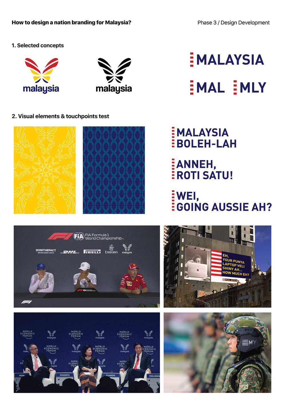 In this phase, I took 2 of 3 potential designs, which are the butterfly & logotype. The reason of selecting those potential designs are because of:

The butterfly:

Malaysia as a multiracial country, identify and applies its national representation in most of the official branding. Most Malaysia national representation uses the Bunga Raya (hibiscus) and Malaya Tiger to show the unity of Malaysia and the strength of the country.Representation needs to reflect the idea of transformation, growth and a new beginning. Thus, the Rajah Brooke butterfly is a significant representation to reflect the new beginning of Malaysia.

The language (logotype):

Malaysia is best known for its multiverse languages as we are living in a multicultural country. And being Malaysian, conversing in Manglish is what makes us united as a nation and a unique country. What if we embrace Manglish and bring it to the next&nbsp;step?

With the rationale, I further developed those direction and applied to selected touchpoints to better communicate the national brand locally & international.